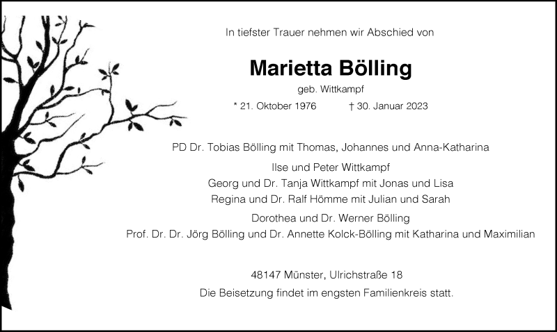  Traueranzeige für Marietta Bölling vom 04.02.2023 aus 