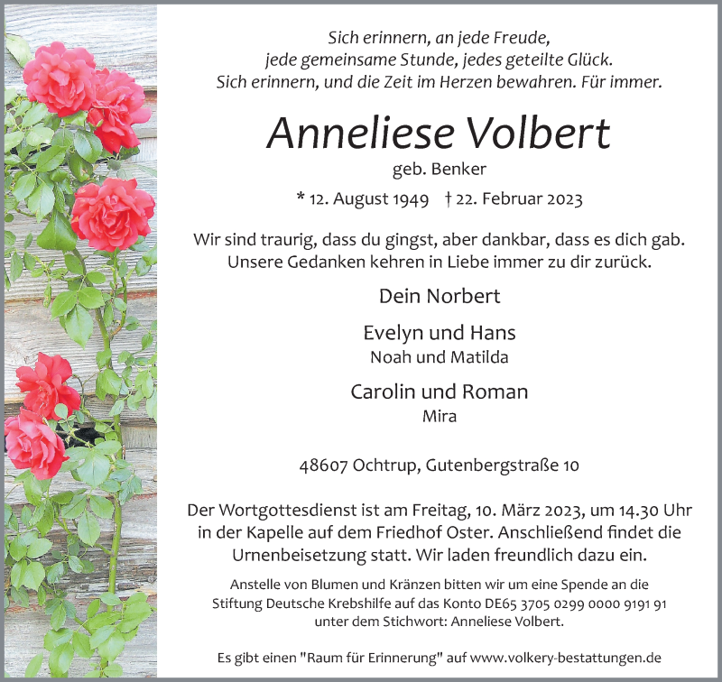  Traueranzeige für Anneliese Volbert vom 28.02.2023 aus 