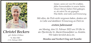 Anzeige von Christel Beckers 