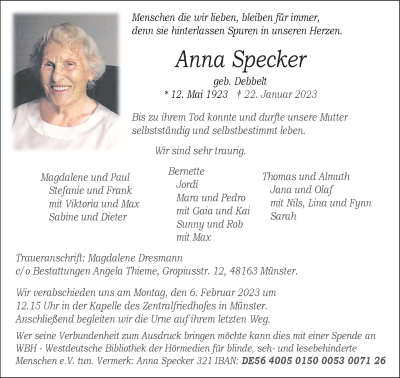  Traueranzeige für Anna Specker vom 01.02.2023 aus 