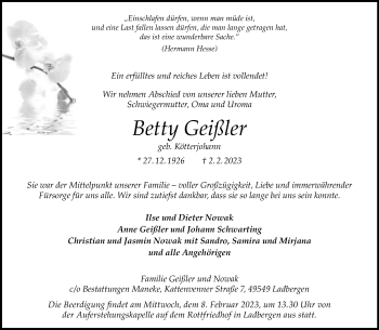 Anzeige von Betty Geißler 