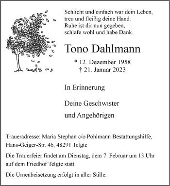 Anzeige von Tono Dahlmann 
