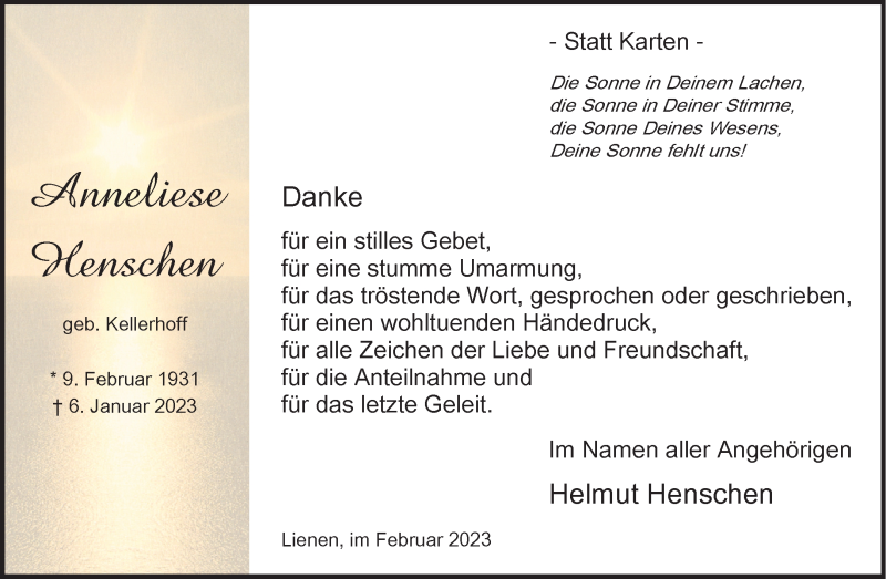  Traueranzeige für Anneliese Henschen vom 04.02.2023 aus 