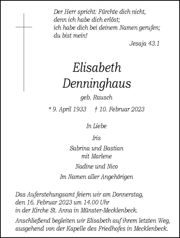  Traueranzeige für Elisabeth Denninghaus vom 14.02.2023 aus 