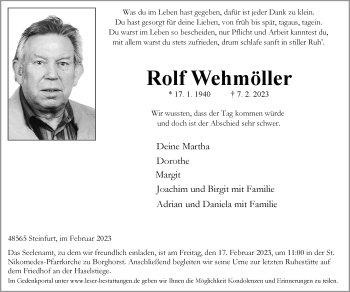 Anzeige von Rolf Wehmöller 