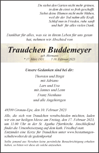 Anzeige von Traudchen Buddemeyer 