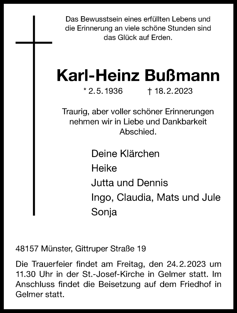  Traueranzeige für Karl-Heinz Bußmann vom 21.02.2023 aus 