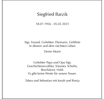 Anzeige von Siegfried Barzik 