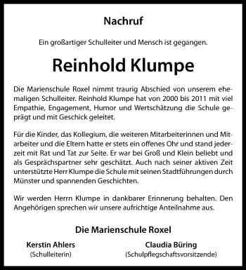 Anzeige von Reinhold Klumpe 