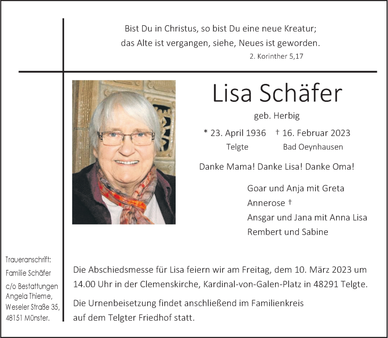  Traueranzeige für Lisa Schäfer vom 25.02.2023 aus 