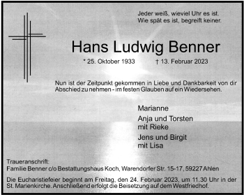 Anzeige von Hans Ludwig Benner 