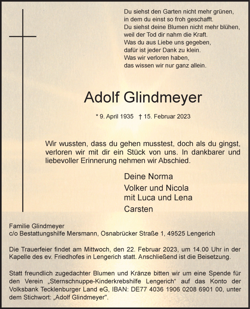  Traueranzeige für Adolf Glindmeyer vom 21.02.2023 aus 