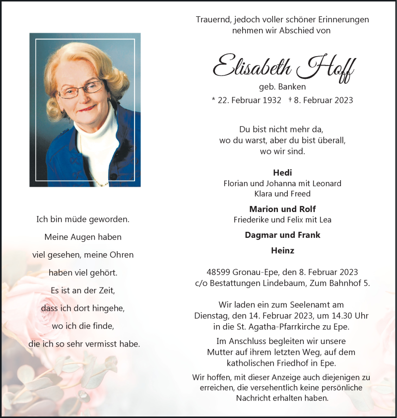  Traueranzeige für Elisabeth Hoff vom 11.02.2023 aus 