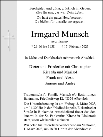 Anzeige von Irmgard Munsch 