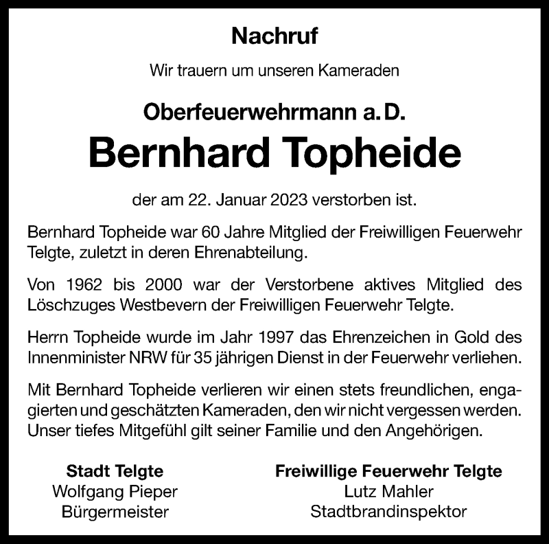  Traueranzeige für Bernhard Topheide vom 04.02.2023 aus 