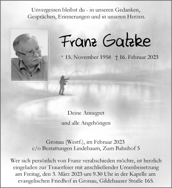Anzeige von Franz Gatzke 