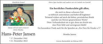 Anzeige von Hans-Peter Jansen 