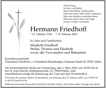 Anzeige von Hermann Friedhoff 