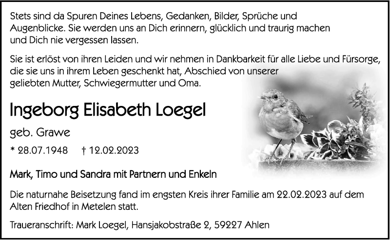 Traueranzeige für Ingeborg Elisabeth Loegel vom 23.02.2023 aus 