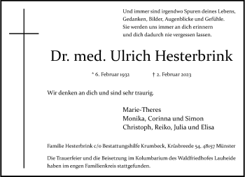 Anzeige von Dr. med. Ulrich Hesterbrink 