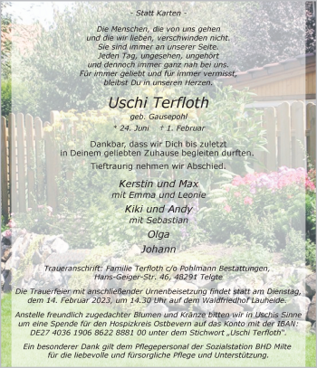Anzeige von Uschi Terfloth 