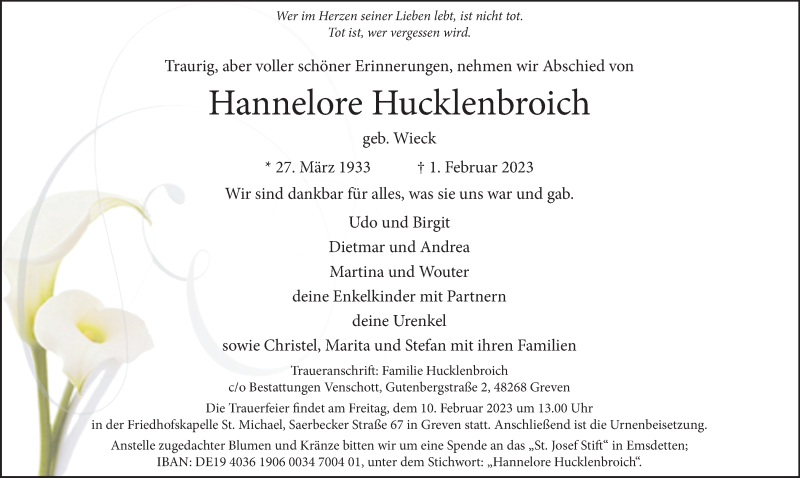  Traueranzeige für Hannelore Hucklenbroich vom 04.02.2023 aus 