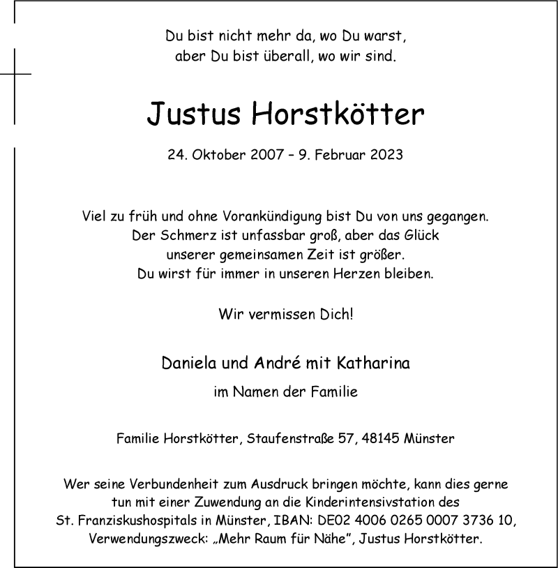  Traueranzeige für Justus Horstkötter vom 15.02.2023 aus 