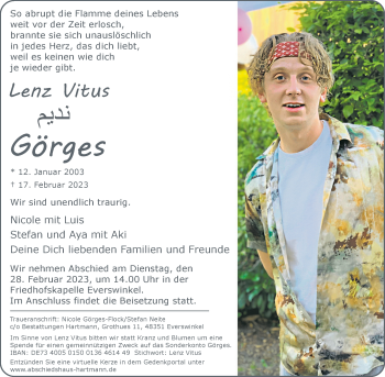 Anzeige von Lenz Vitus Görges 