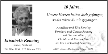 Anzeige von Elisabeth Rensing (Emmet Liesbeth) 