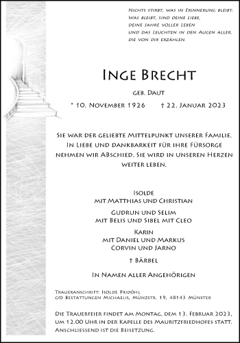 Anzeige von Inge Brecht 