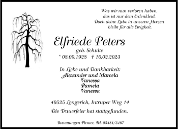 Anzeige von Elfriede Peters 