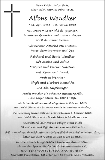 Anzeige von Alfons Wendker 