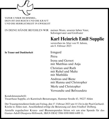 Anzeige von Karl Heinrich Emil Supplie 