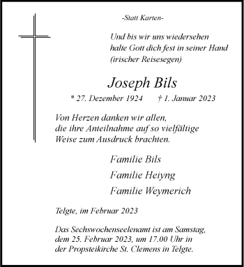 Anzeige von Joseph Bils 