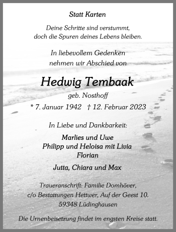 Anzeige von Hedwig Tembaak 
