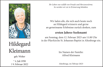 Anzeige von Hildegard Kleimann 
