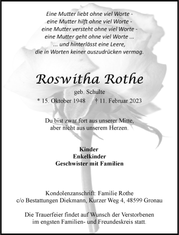 Anzeige von Roswitha Rothe 