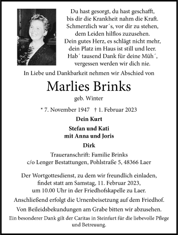 Anzeige von Marlies Brinks 