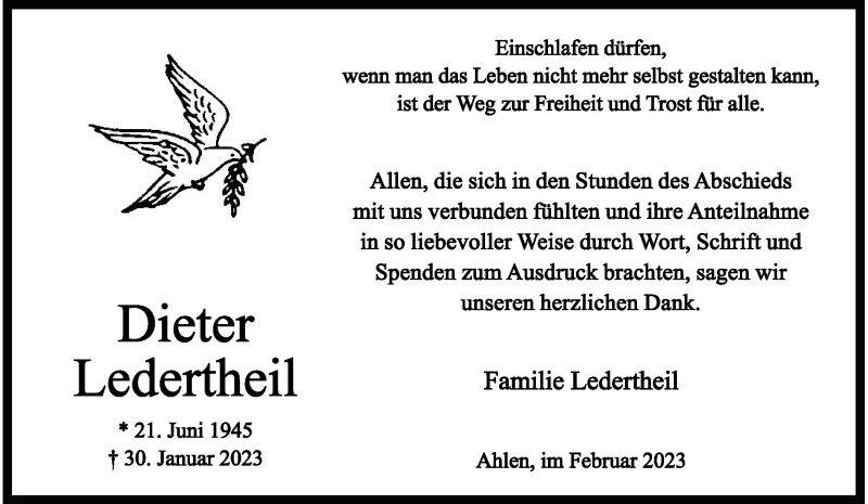  Traueranzeige für Dieter Ledertheil vom 25.02.2023 aus 