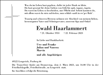 Anzeige von Ewald Haarlammert 