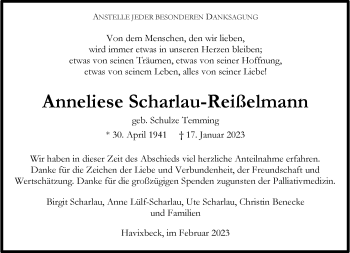 Anzeige von Anneliese Scharlau-Reißelmann 