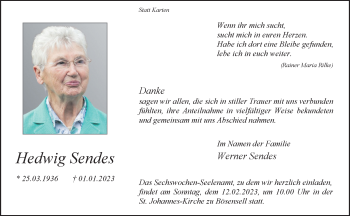 Anzeige von Hedwig Sendes 