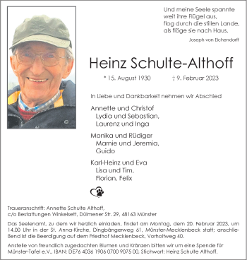Anzeige von Heinz Schulte-Althoff 