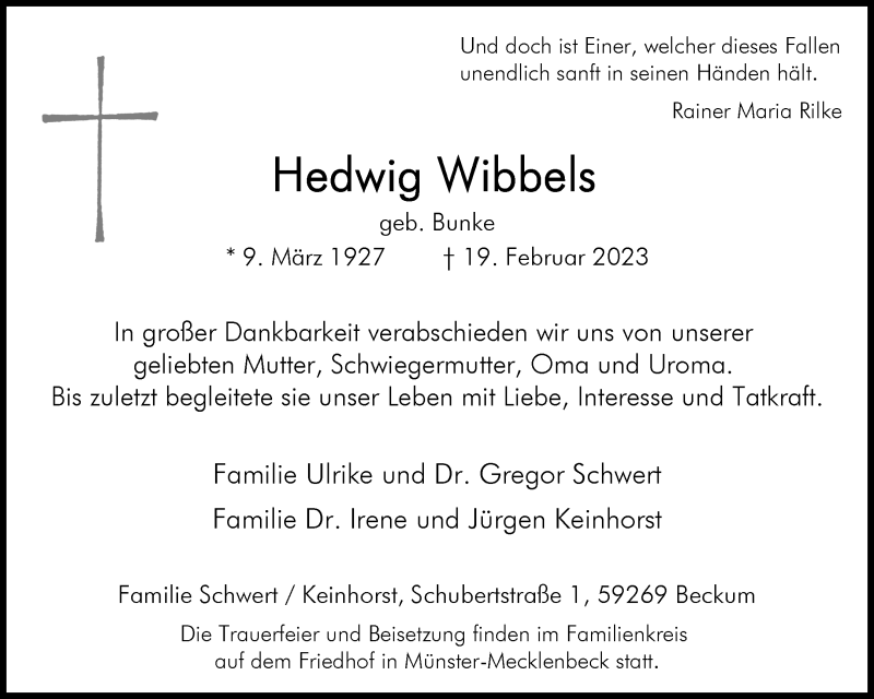  Traueranzeige für Hedwig Wibbels vom 25.02.2023 aus 