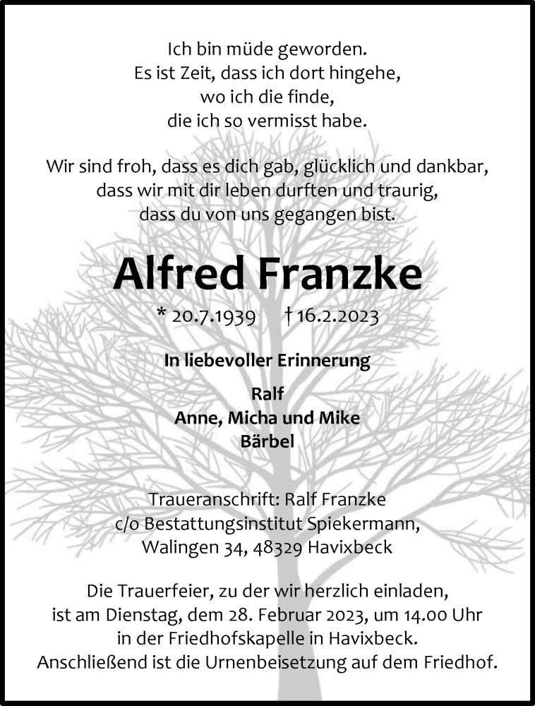  Traueranzeige für Alfred Franzke vom 25.02.2023 aus 