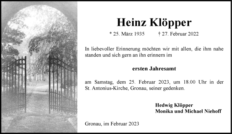  Traueranzeige für Heinz Klöpper vom 18.02.2023 aus 