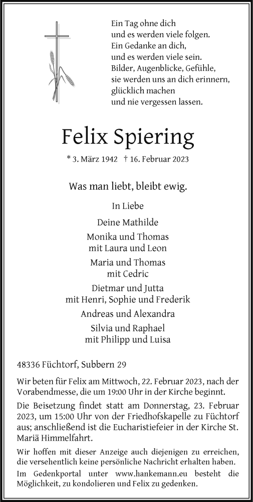  Traueranzeige für Felix Spiering vom 21.02.2023 aus 