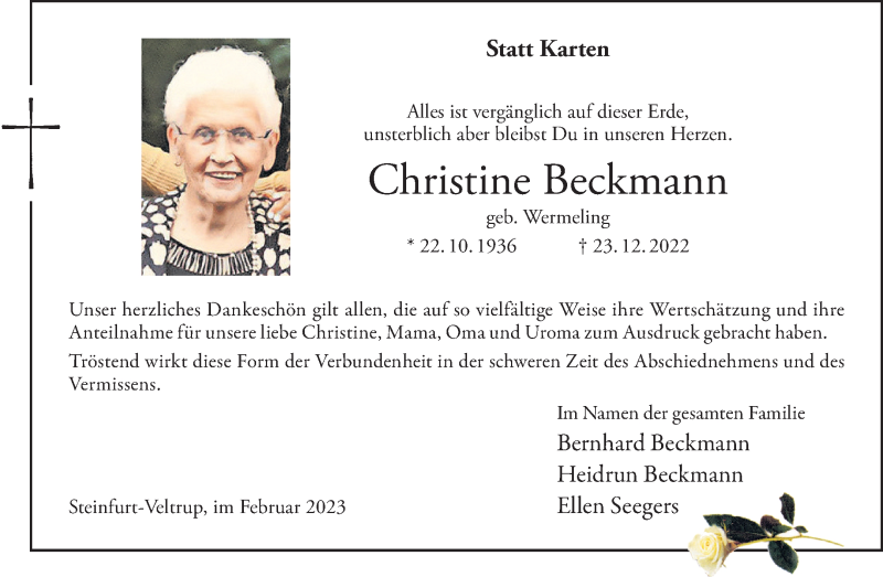  Traueranzeige für Christine Beckmann vom 03.02.2023 aus 