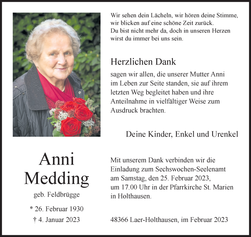  Traueranzeige für Anni Medding vom 18.02.2023 aus 