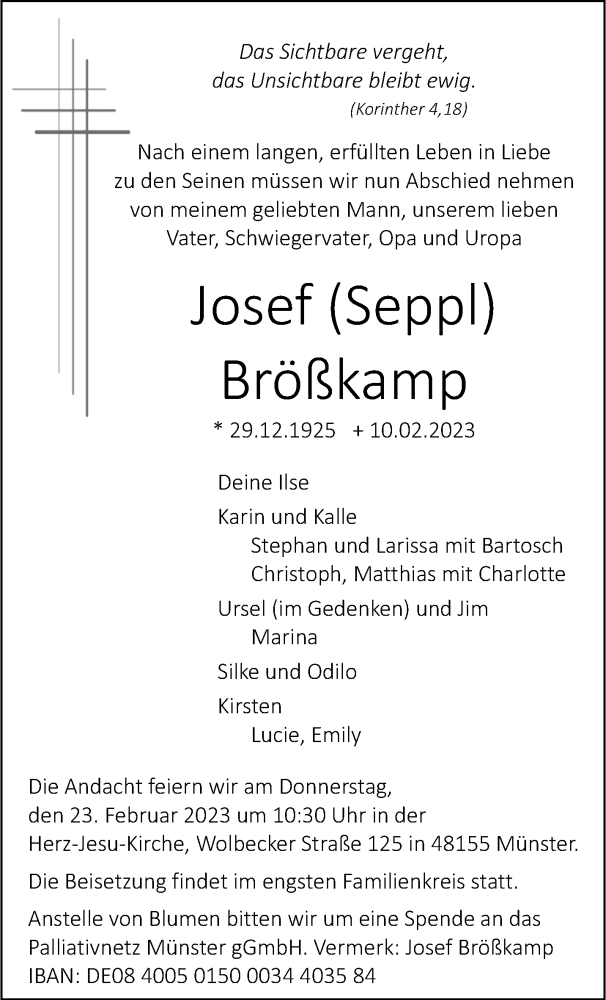  Traueranzeige für Josef Brößkamp vom 18.02.2023 aus 